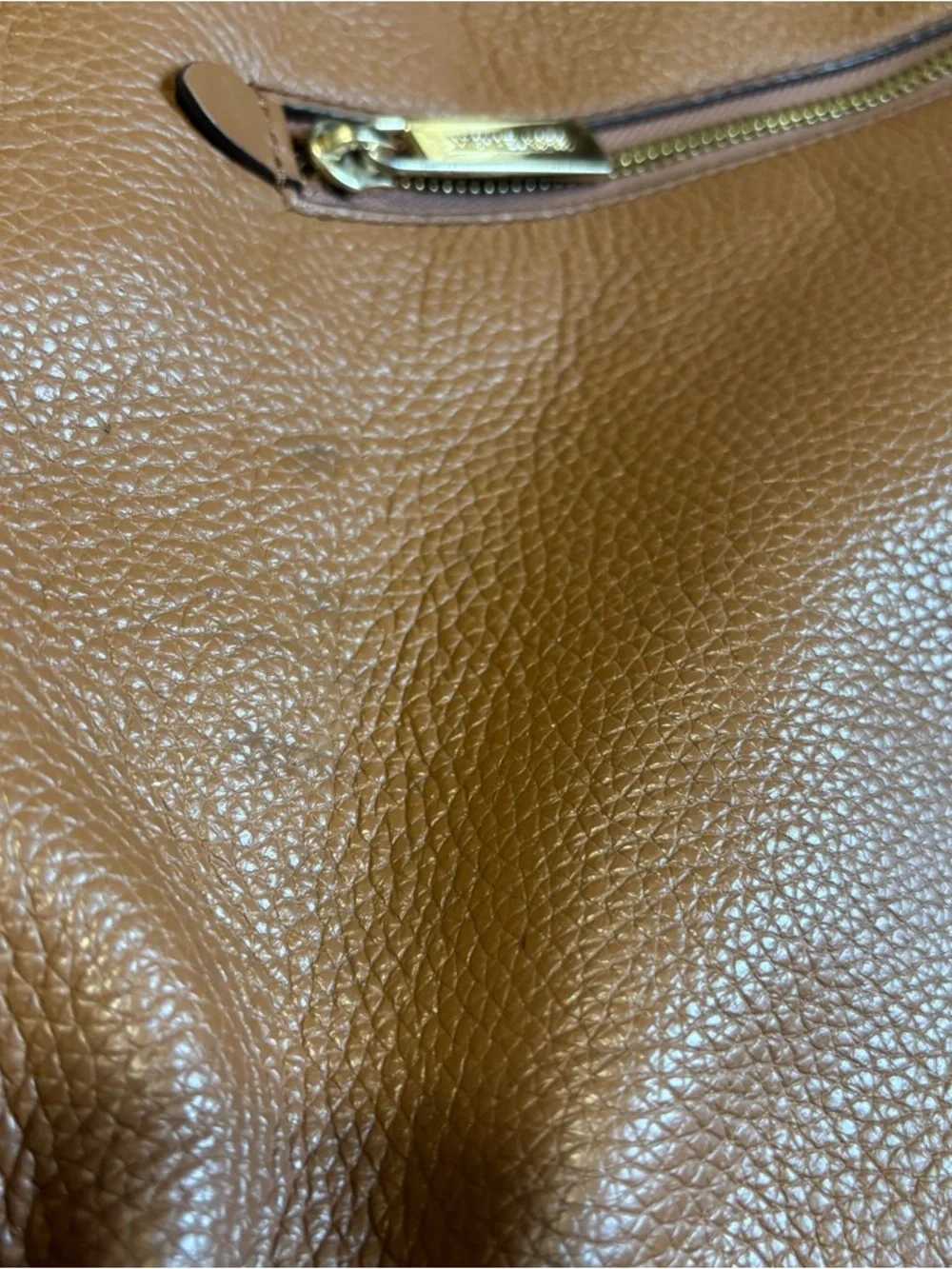 Michael Kors Cognac Pebbled Leather Tote with Gold Chain Straps zipper closure